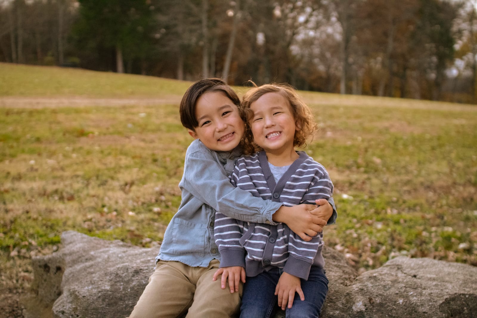 Two brothers hugging on a rock
